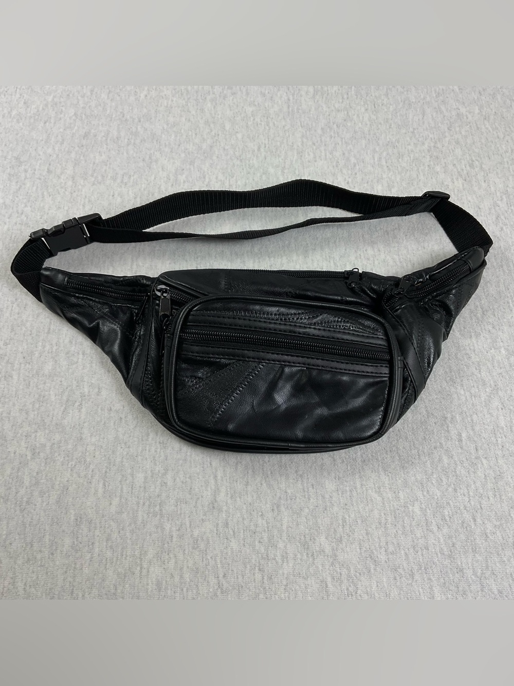 Vintage Black Leather Body Fanny Pack with Zip Compartments classic Y2K Retro